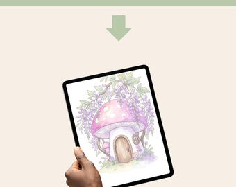 Mushroom House Wisteria Printable Wall Art - Cottagecore Watercolor Print Botanical Nursery Decor Digital Download Instant Gift