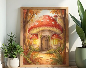 Mushroom Cottage Autumn Wall Art Poster Watercolor Print Cottagecore Botanical Nursery Decor Gift