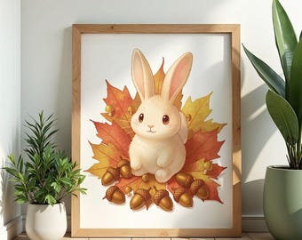 Watercolor Bunny Print, Cottagecore Autumn Woodland Nursery Decor Wall Art Poster Botanical Gift