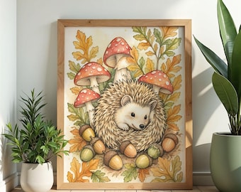 Hedgehog Autumn Wall Art Poster Watercolor Print Cottagecore Woodland Decor Fall Nature Nursery Gift