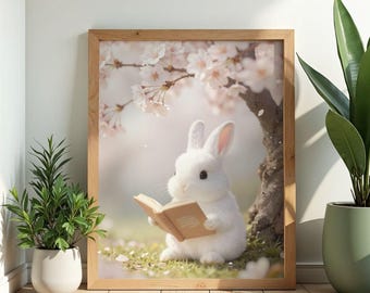 Whimsical Bunny Reading Under Cherry Blossom Tree Art Print, Cottagecore Nursery Wall Decor Gift