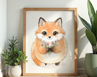 Watercolor Fox Wildflower Art Print, Cottagecore Botanical Nursery Decor Wall Art Poster Gift