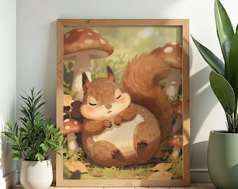 Squirrel Wildflower Wall Art Poster Watercolor Print Cottagecore Botanical Nursery Decor Nature Gift