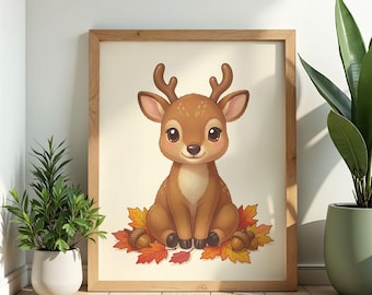 Watercolor Deer Autumn Print - Cottagecore Woodland Nursery Decor Fawn Wall Art Botanical Gift