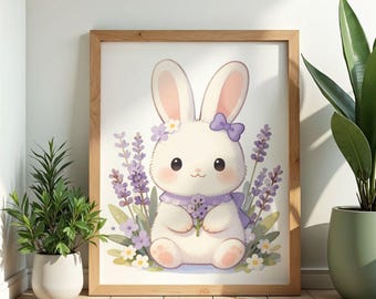 Kawaii Bunny Watercolor Print - Lavender Floral Nursery Cottagecore Wall Art Poster Gift