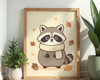 Raccoon Wall Art Poster Watercolor Print Cottagecore Autumn Woodland Nursery Decor Raccoon Gift