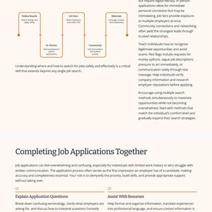 May include: A webpage with the title "Where to Look for Jobs" and sections on job searching and application assistance. Includes advice on online boards, job fairs, and referrals, plus tips for safe job searching.