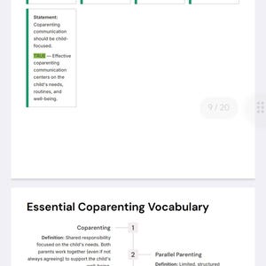 May include: A page from a parenting guide with the title "Supported-Parenting." It includes definitions of coparenting terms like "Conflict" and "Boundary." The page also has statements about coparenting.