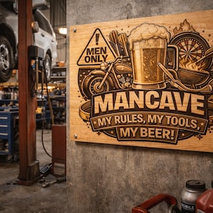 Puede incluir: Letrero de madera con el texto "MANCAVE" y la frase "MY RULES, MY TOOLS, MY BEER!" en una fuente decorativa. El letrero presenta ilustraciones de una motocicleta, una jarra de cerveza, dardos y una parrilla. El letrero está montado en una pared de hormigón.