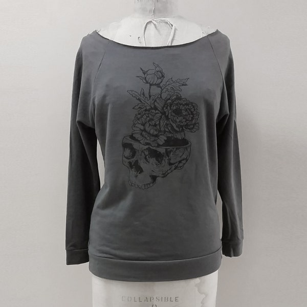 What You Think You Become- Skull Flower vase illustration on charcoal raw edge sweater.