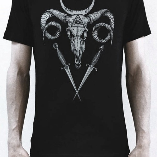 Primitive Moon UNISEX tshirt with Ram skull, crescent moon and daggers