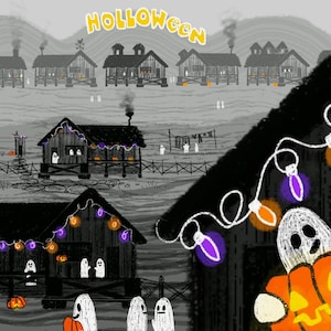 May include: A digital illustration titled HOLLOWEEN featuring a grayscale village scene with dark wooden cabins, orange pumpkins, and white ghosts. The scene includes string lights in purple and orange, a clothesline, and a close-up ghost holding a pumpkin.