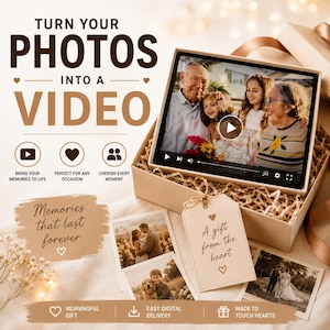 May include: A gift box containing a tablet displaying a family video, surrounded by printed photographs and a tag reading A gift from the heart. Text on the image reads TURN YOUR PHOTOS INTO A VIDEO, BRING YOUR MEMORIES TO LIFE, and Memories that last forever.