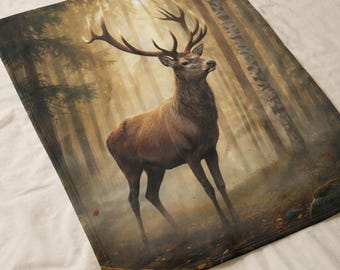 Coperta Sherpa con cervo maestoso, coperta Misty Forest, arredamento rustico per baita, biancheria da letto con cervo nei boschi, regalo per gli amanti della natura selvaggia, pile caldo