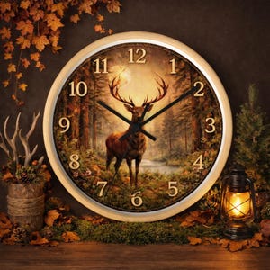 May include: Round wall clock with a light wood frame. The clock face features a forest scene with a deer and a full moon. Black clock hands indicate the time. Decorative elements include leaves, a lantern, and a wooden vase.