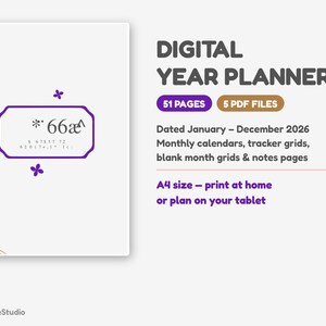 May include: A digital year planner with 51 pages and 5 PDF files, dated January through December 2026. It includes monthly calendars, tracker grids, blank month grids, and notes pages in A4 size for home printing or tablet use.