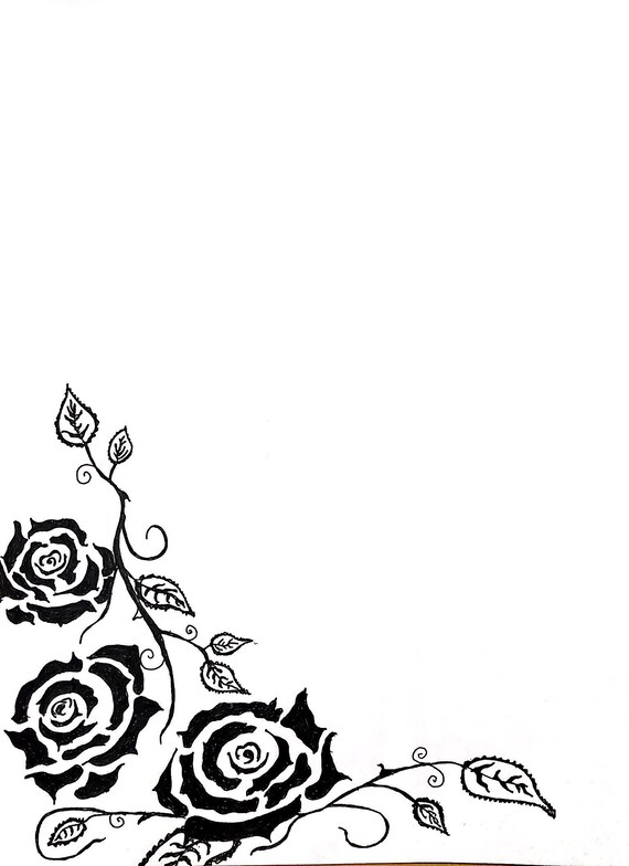 Bordered Paper Roses And Vines Black And White Sketch