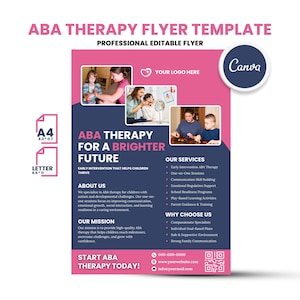 Può includere: Modello di volantino per la terapia ABA rosa e blu con il testo "ABA Therapy for a Brighter Future". Include immagini di bambini e adulti. Presenta servizi, missione e informazioni di contatto. Volantino modificabile.
