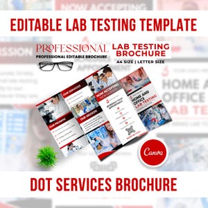 Könnte beinhalten: Eine Broschüre mit dem Titel "Bearbeitbare Labortestvorlage" mit dem Text "Professionelle Labortestbroschüre". Die Broschüre ist geöffnet und zeigt Bilder von Laborarbeiten und Text. A4- oder Letter-Format.