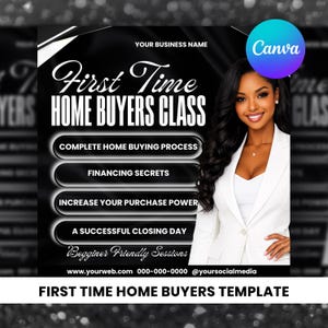 Puede incluir: Una plantilla de folleto digital para una clase de compradores de vivienda por primera vez con fondo negro, texto blanco, una persona con blazer blanco y botones etiquetados como Complete Home Buying Process, Financing Secrets, Increase Your Purchase Power y A Successful Closing Day.