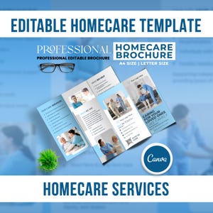 May include: A professional editable homecare brochure template in A4 and letter size. The brochure features a light blue and white design with images of caregivers and elderly individuals. Text includes "Homecare Services" and "Caring for your loved ones like family."