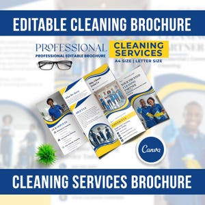 May include: A brochure for cleaning services, featuring a blue and yellow design. The brochure includes the text "EDITABLE CLEANING BROCHURE", "PROFESSIONAL CLEANING SERVICES", and "CLEANING SERVICES BROCHURE". It also includes images of cleaning staff.