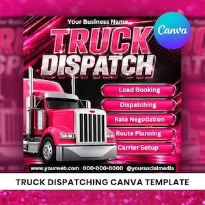 Puede incluir: Una plantilla de marketing digital para servicios de despacho de camiones con un semirremolque rosa brillante sobre un fondo oscuro con acentos de neón. El texto incluye Your Business Name, TRUCK DISPATCH, Load Booking, Dispatching, Rate Negotiation, Route Planning y Carrier Setup.