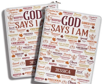 Personalized Bible Cover God Says I Am Bible Verse, Custom Leather Case with Autumn Maple Leaves, Inspirational Christian Gift for Her