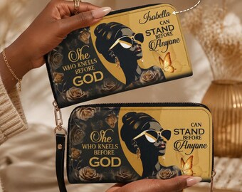 Personalized Sista Leather Wallet with Wristlet, Custom Faith Zip Around Clutch Purse, Melanin Black Queen Christian Gift for Her
