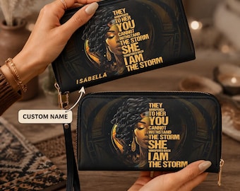 Personalized Black Women Wallet, Custom Name Leather Wristlet Purse, I Am The Storm Quote Clutch Bag, Motivational Gift for Her