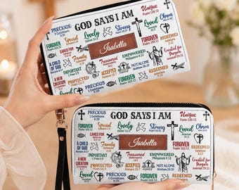 Personalized Leather Wallet for Women, Custom Name Christian Long Clutch Purse, Bible Verse Design, Faith Gift for Her
