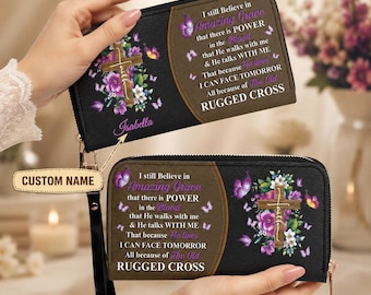 Personalized Christian Wallet for Women, Custom Name Leather Wristlet Purse, Floral Cross Religious Gift, Scripture Zipper Clutch