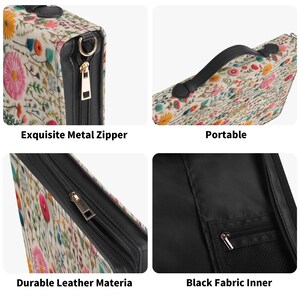 May include: A rectangular carrying case featuring a cream-colored exterior with a colorful floral pattern, a black handle, and a black zipper closure. The interior is lined with black fabric and includes a small zippered mesh pocket.