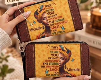 Personalized Black Woman Long Wallet, Custom Name Leather Purse Inspirational Wristlet Gift