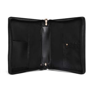 May include: A black zippered portfolio case shown in an open position. The interior features a central spine, a flat pocket on the left side, and a mesh pocket with a small zipper closure on the right side. The hardware is finished in a metallic rose gold.
