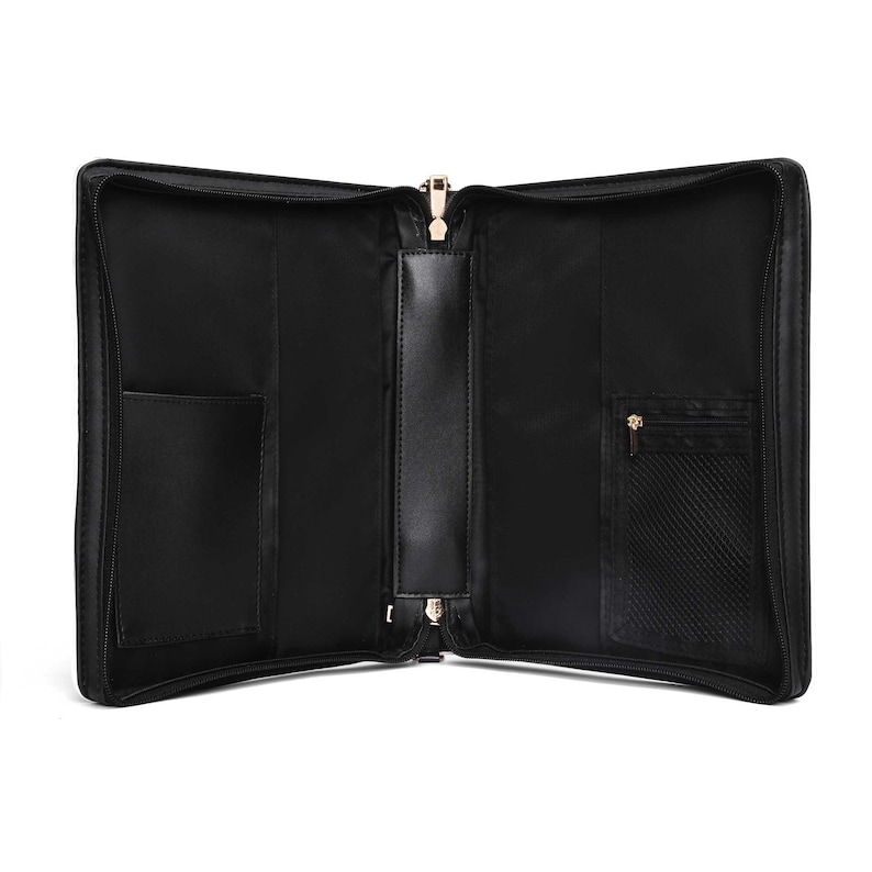 May include: A black zippered portfolio case shown in an open position. The interior features a central spine, a flat pocket on the left side, and a mesh pocket with a small zipper closure on the right side. The hardware is finished in a metallic rose gold.