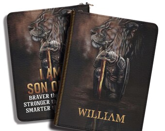 Personalized Mens Bible Cover Son of God Christian Knight Lion Sword, Custom Leather Armor Bible Case with Name, Religious Gift for Him