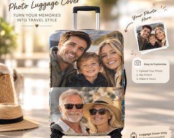 カスタム写真入りスーツケースカバー、カスタム家族写真入り荷物カバー、パーソナライズされたスーツケースプロテクタースリーブ、パーソナライズされた荷物タグ
