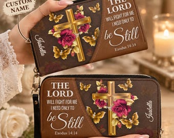 Personalized Bible Verse Leather Wallet, Custom Name Christian Wristlet Clutch, Cross Floral Scripture Purse, Religious Gift for Her