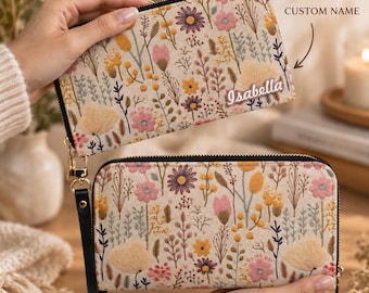 Personalized Long Floral Wallet, Custom Name Leather Purse, Wildflower Wristlet Gift