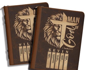 Personalized Bible Cover Man of God Lion Cross Name Acrostic Bible Verse, Custom Leather Bible Case, Christian Gift for Him