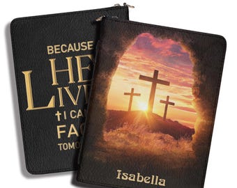 Personalized Bible Cover with Name, Custom Leather Scripture Case with Handle, Christian Cross Bible Carrying Bag with Zipper Pockets