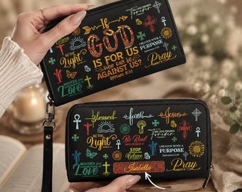 Personalized Christian Wallet for Women, Custom Name Leather Wristlet Purse, Faith Religious Gift for Her, Scripture Zipper Clutch Bag