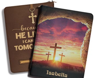 Personalized Leather Bible Cover with Name, Custom Cross Bible Case, Christian Scripture Bag with Zipper Pocket, Inspirational Faith Gift