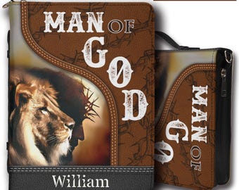 Personalized Leather Bible Case with Name, Custom Bible Cover for Men, Man of God Lion Organizer Bag, Christian Husband Gift for Him