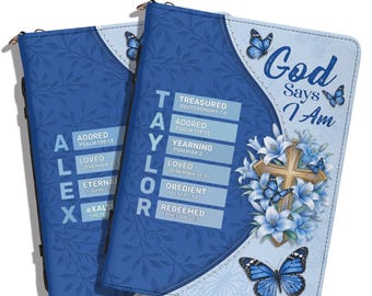 Personalized Floral Cross Leather Bible Cover, Custom Blue Butterfly Bible Case with name, God Says I Am, Inspirational Christian Gift