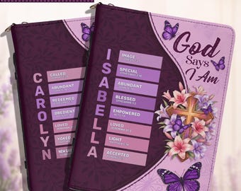 Personalized Bible Cover with Name, Acrostic Scripture Verse Floral Cross Butterfly Purple design, Christian Gift for Her