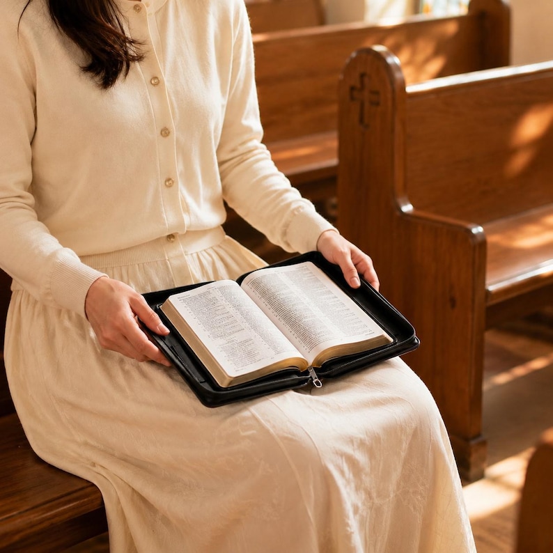 May include: An open book with thin white pages and gold-gilded edges, held within a black zippered protective case. The book features two columns of printed text on each page, with a visible ribbon bookmark resting between the open leaves.