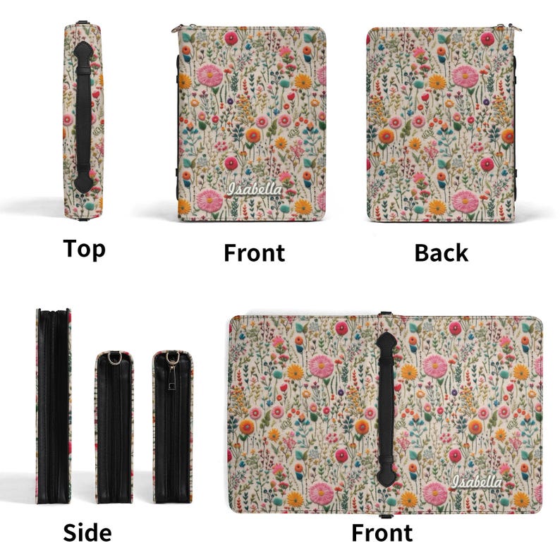 May include: A rectangular zippered case featuring a cream background with a colorful wildflower pattern. The front displays the name Isabella in white script. The case includes a black handle, black side panels, and a zipper closure mechanism.