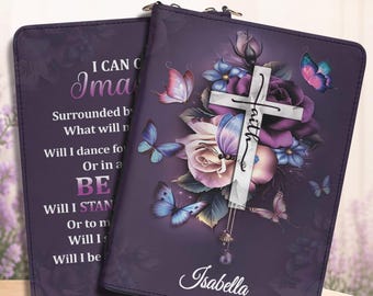 Custom Leather Bible Cover, Personalized Bible Case with Handle, Custom Book Cover, Floral Cross Church Bag, Religious Gift for Her